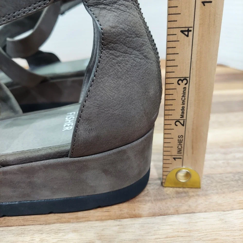 Eileen Fisher Wedge Sandals Women's 10 Gray Leather Strappy Pointed Toe Zip Back